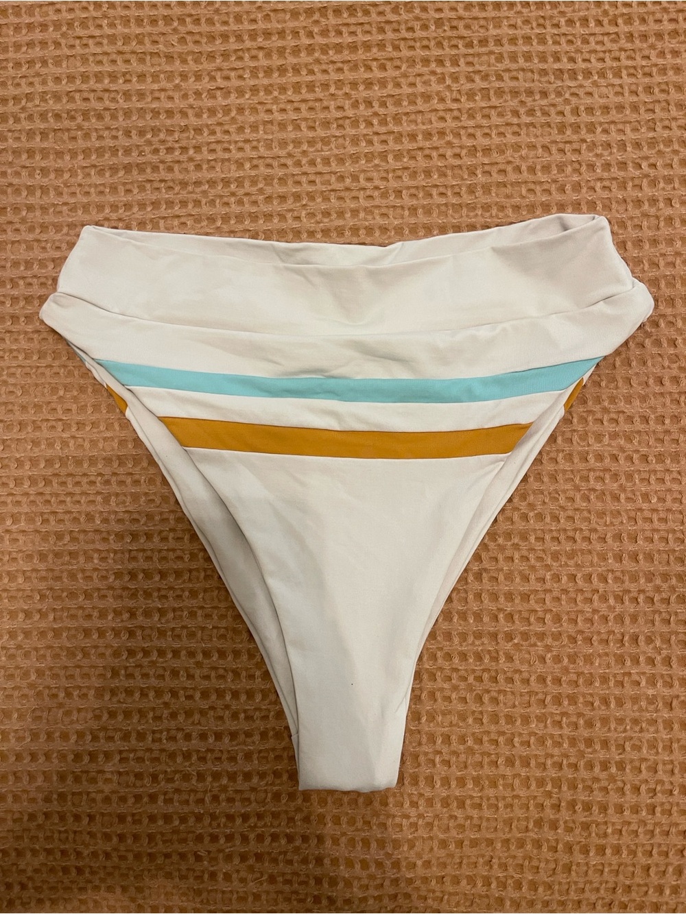 L*Space Wilson Bitsy Cut Bikini Bottom with Blue and Mustard Stripes